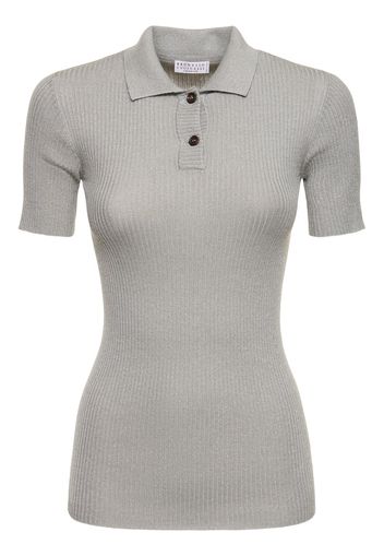 Rib Knit Cashmere Blend Polo Top