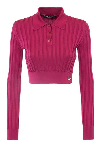 Silk Rib Knit Polo Crop Sweater