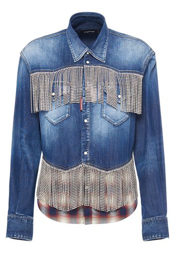 Denim & Tartan Shirt W/ Crystal Fringe