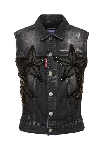 Embellished Stars Sleeveless Denim Vest