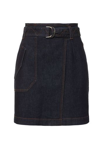 Pleated Belted Denim Mini Wrap Skirt