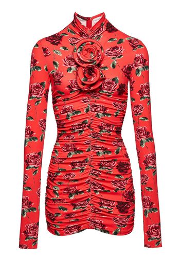 Printed Ruched Jersey Mini Dress W/roses