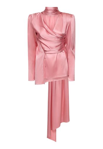 Silk Satin Draped Long Sleeve Wrap Top