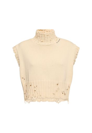 Distressed Cotton Knit Turtleneck Vest