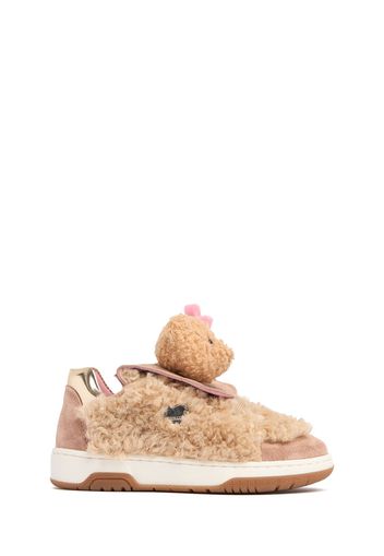 Faux Fur Sneakers W/bear Appliqué