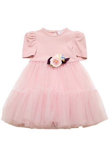 Cotton & Tulle Dress W/flower Appliqué