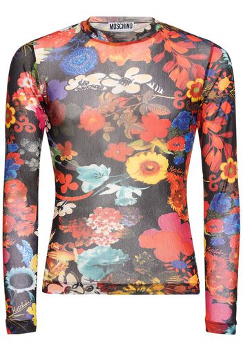 Flower Print Long Sleeve Mesh Top