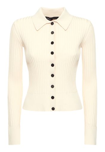 Ribbed Knit Viscose Blend Polo Cardigan