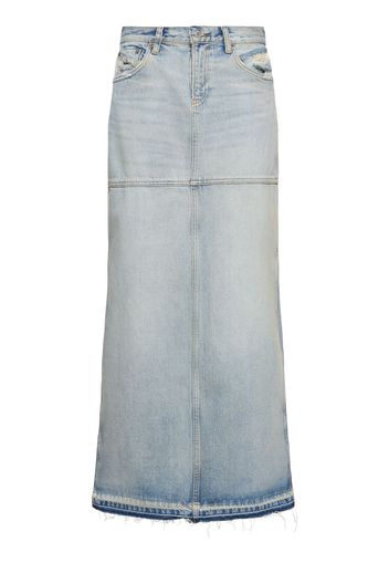 Mid Rise Slit Cotton Denim Midi Skirt