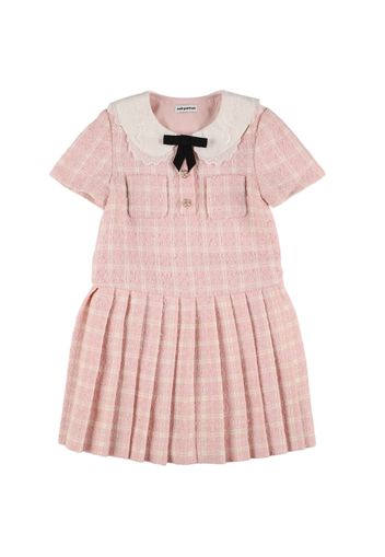 Pleated Check Print Bouclé Dress