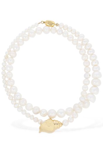 Shell Charm Double Wrap Pearl Necklace