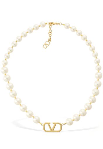 Faux Pearl Chain V Logo Necklace