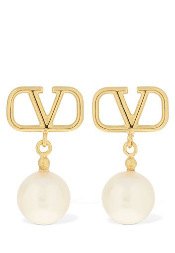 V Logo & Faux Pearl Drop Earrings