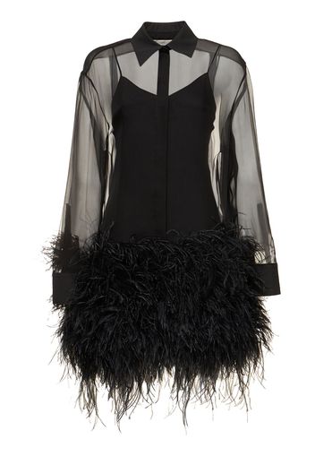 Silk Chiffon Mini Shirt Dress W/feathers