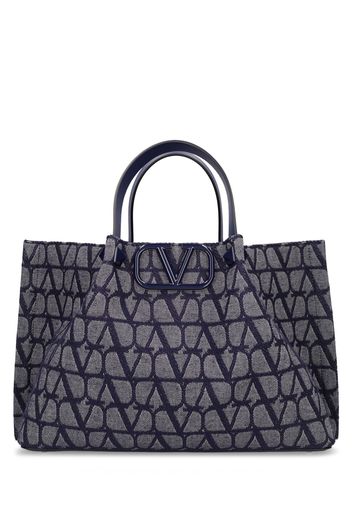 Medium V Logo Signature Denim Tote Bag