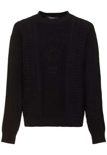 Logo Cotton Blend Cable Knit Sweater