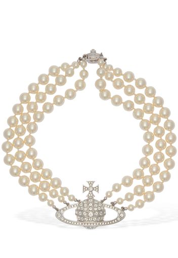 Three Row Faux Pearl Bas Relief Choker