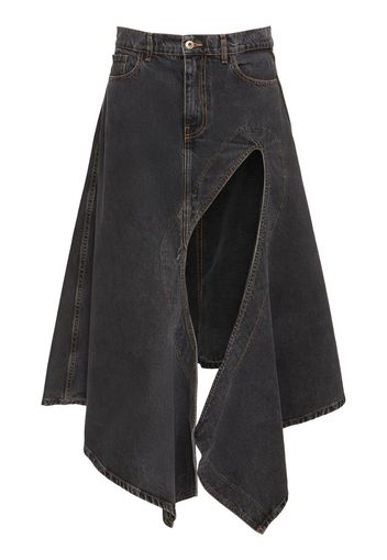 Asymmetric High Rise Denim Midi Skirt