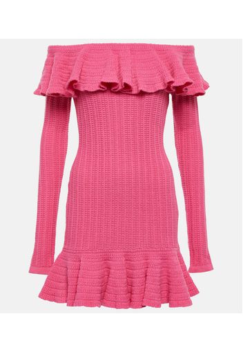 Off-shoulder ruffled wool minidress