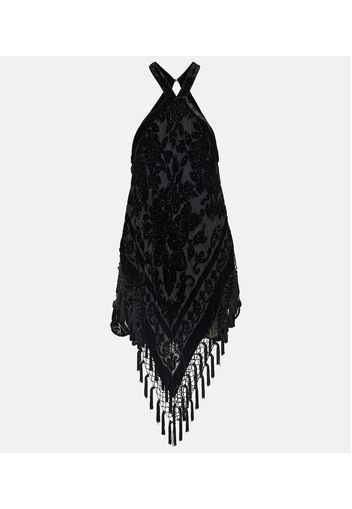 Fringed velvet-trimmed maxi dress