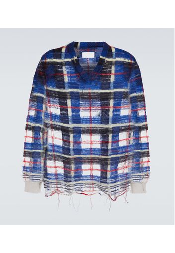 Distressed checked mohair-blend sweater