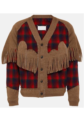 Fringed checked wool cardigan