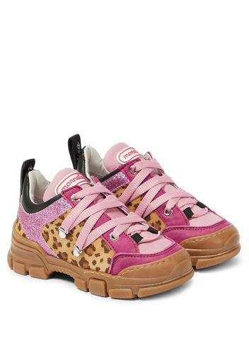 Leopard-print leather-trimmed sneakers