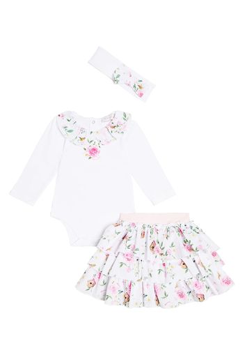 Baby bodysuit, skirt, and headband set