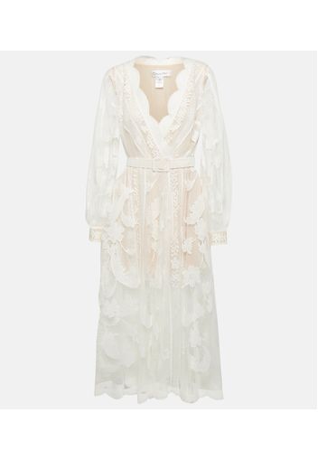 Belted cotton-blend lace midi dress