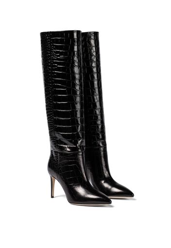 Croc-effect leather knee-high boots