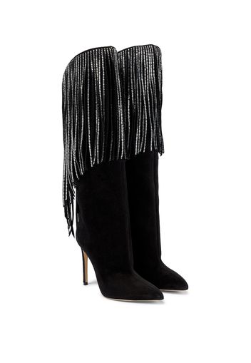 Fringed embellished suede knee-high boots