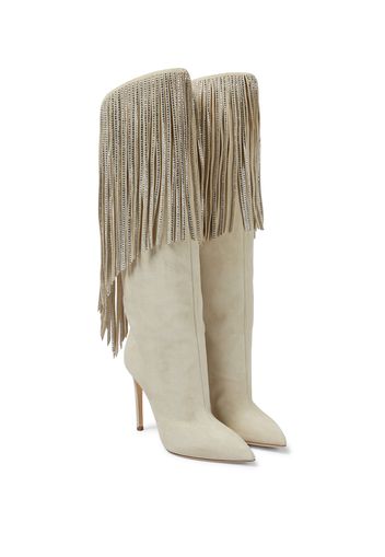 Fringed embellished suede knee-high boots