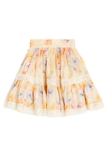 Floral ruffled silk and linen skirt