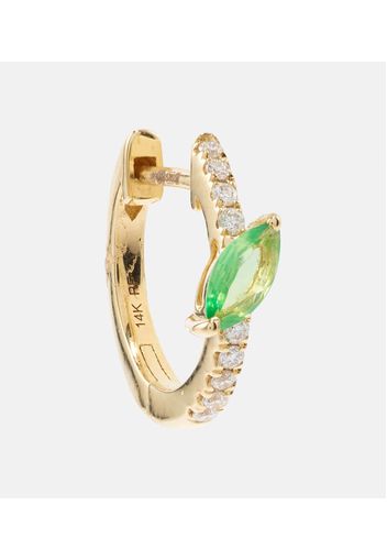 14kt gold single hoop earring with diamonds and green garnet