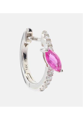14kt white gold single hoop earring with diamonds and pink sapphire