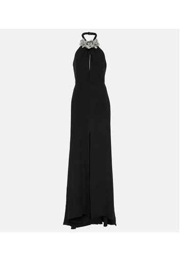 Floral-appliquÃ© cutout front-slit gown