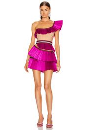 Aadnevik One Shoulder Pleated Ruffle Mini Dress in Pink