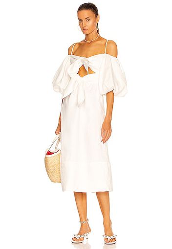 ADRIANA DEGREAS Linen Double Knot Midi Dress in White