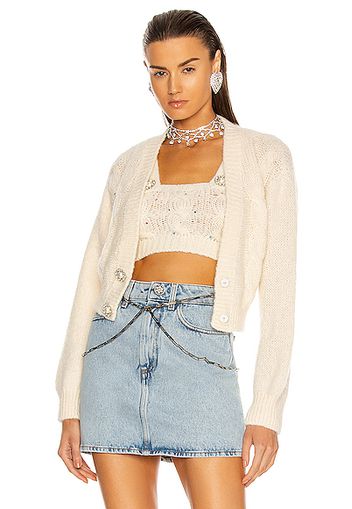 Alessandra Rich Wool Knit Cropped Cardigan in Ivory