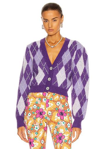 Alessandra Rich Argyle Wool Crystal Cropped Cardigan in Purple