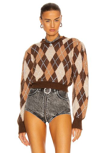 Alessandra Rich Argyle Wool Crystal Cropped Sweater in Brown