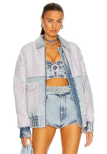 Alessandra Rich Denim and Tweed Bomber in Blue