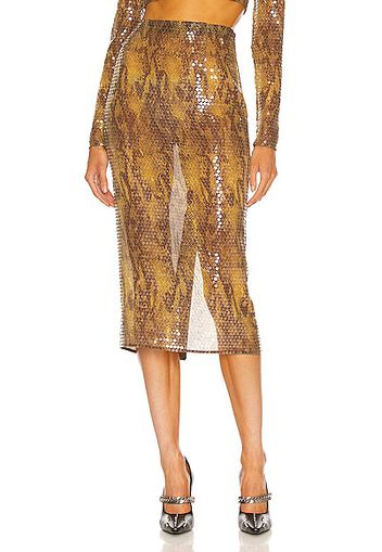 Alessandra Rich Embroidered Python Print Midi Skirt in Tan