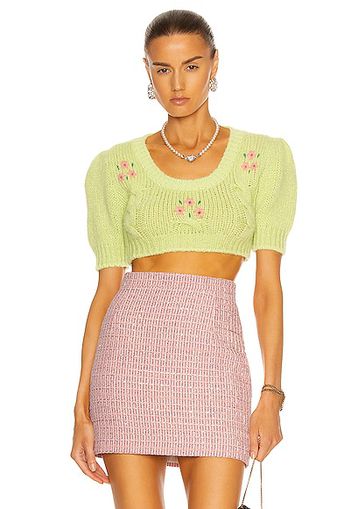 Alessandra Rich Embellished Mohair Cropped Top in Green