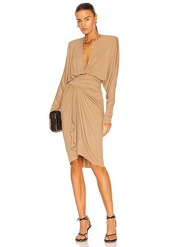 Alexandre Vauthier Long Sleeve Ruched Midi Dress in Beige