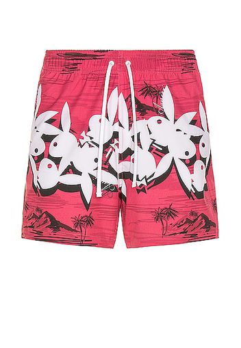 Amiri Playboy Hawaiian Swim Trunks in Red