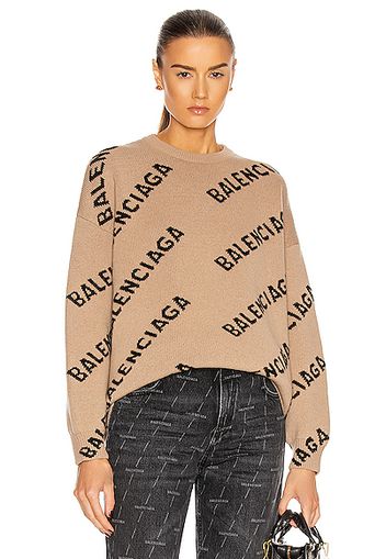 Balenciaga Long Sleeve Crewneck Logo Sweater in Abstract,Neutral