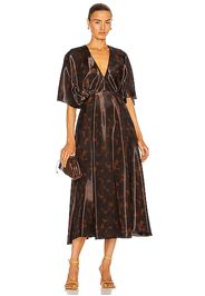 Brandon Maxwell Midi Dress With Draped Sleeve in Animal Print,Brown