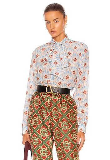 Casablanca Printed Crepe De Chine Pussy Bow Blouse in Baby Blue