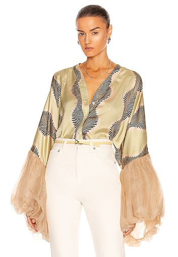 Fe Noel Gatsby Palm Wilted Sleeve Top in Green